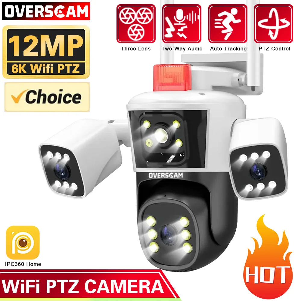 16mp 8K WIFI 10x Zoom Surveillance Outdoor Audio Floodlight Camera PTZ Four-Lens Three Screens Security 360°Monitor CCtv Network
