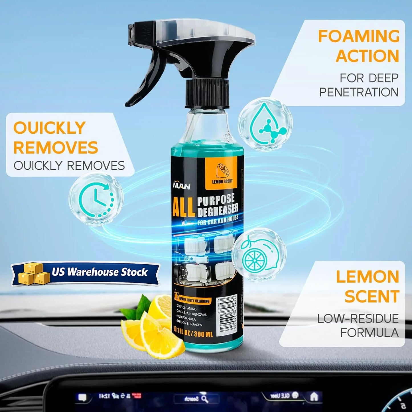 Waterless Car Interior Cleaner Spray with Leather Flannel Towel, Multipurpose Stain Remover for Dashboard, Seats, and Upholstery