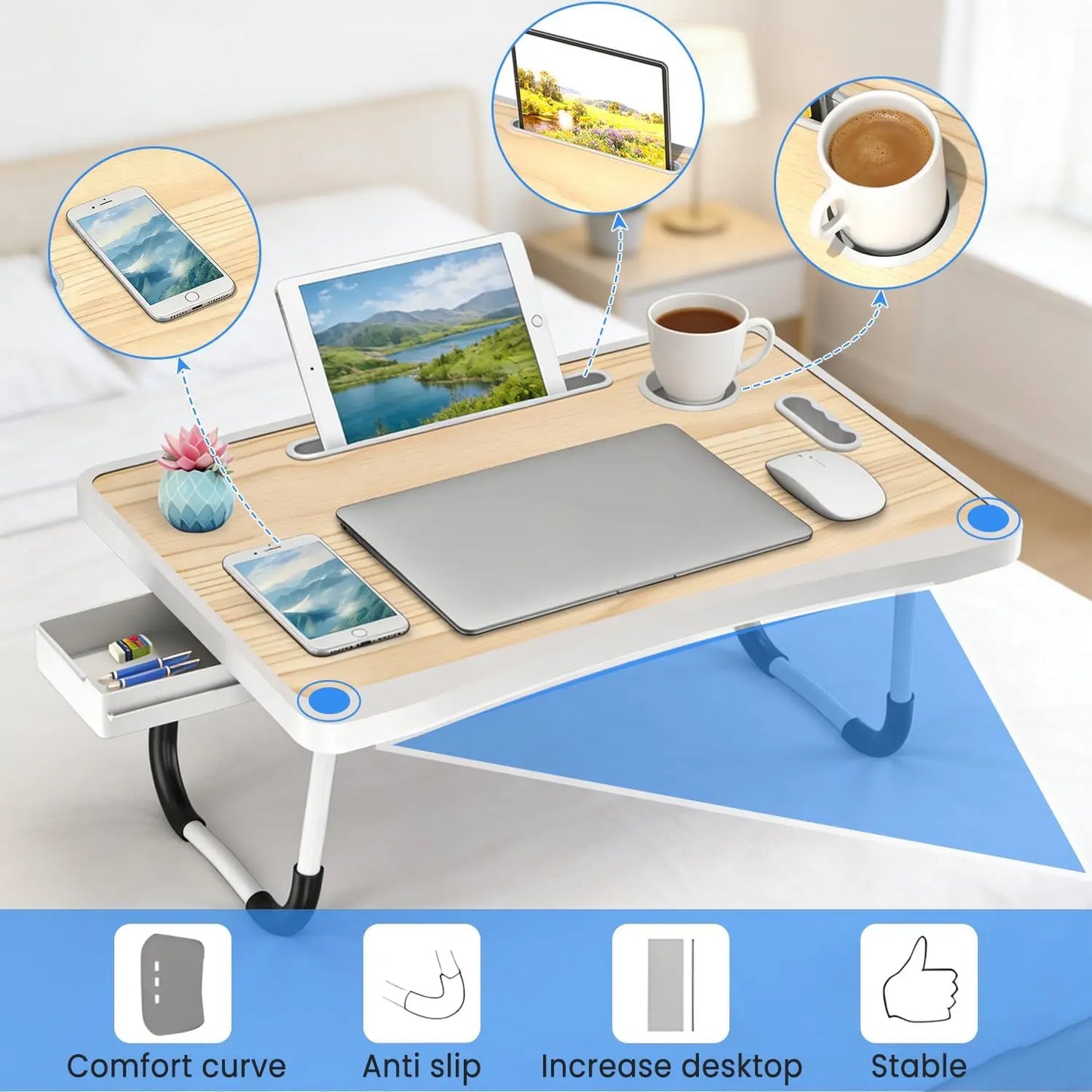 Laptop Bed Table with Foldable Legs & Cup Holder — Portable Lap Desk