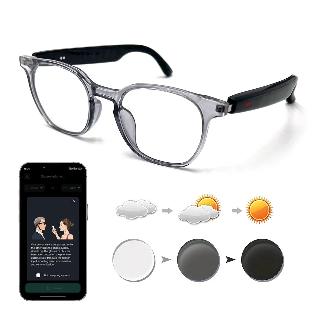 Smart glasses, app translation, color-changing lenses, high-definition voice calls, Hi-Fi music quality, open-ear audio glasses.