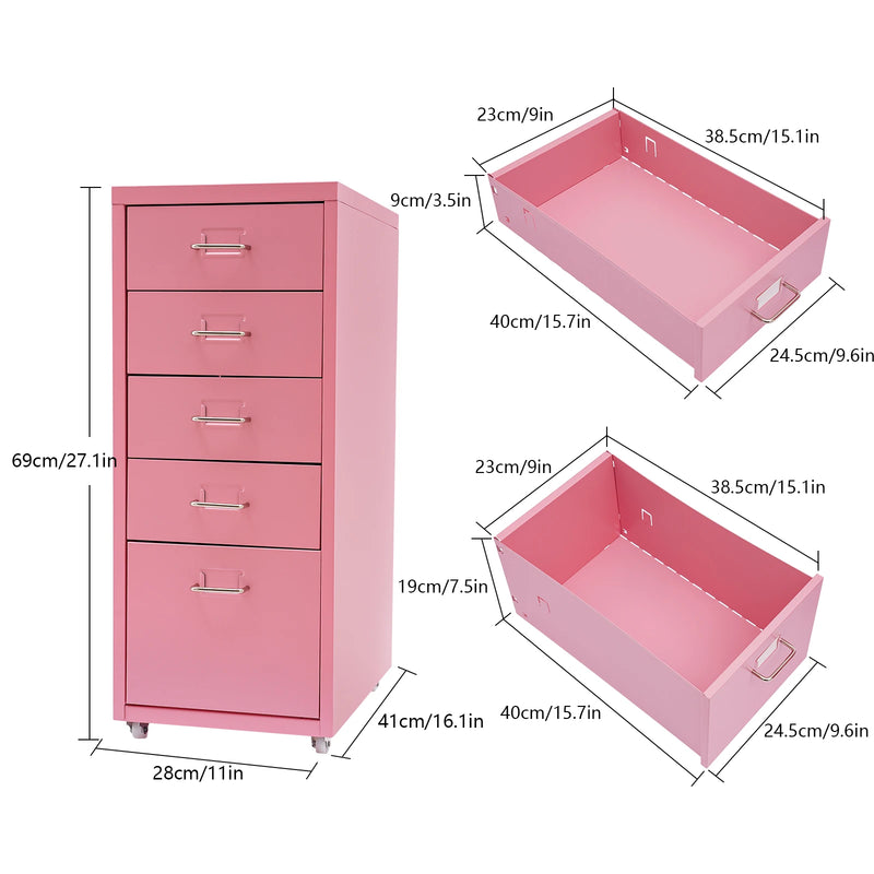 Aluminum Alloy 5-Drawer Storage Cabinet Pink Filing Storage Organizer Cabinet for Office Home Bedroom