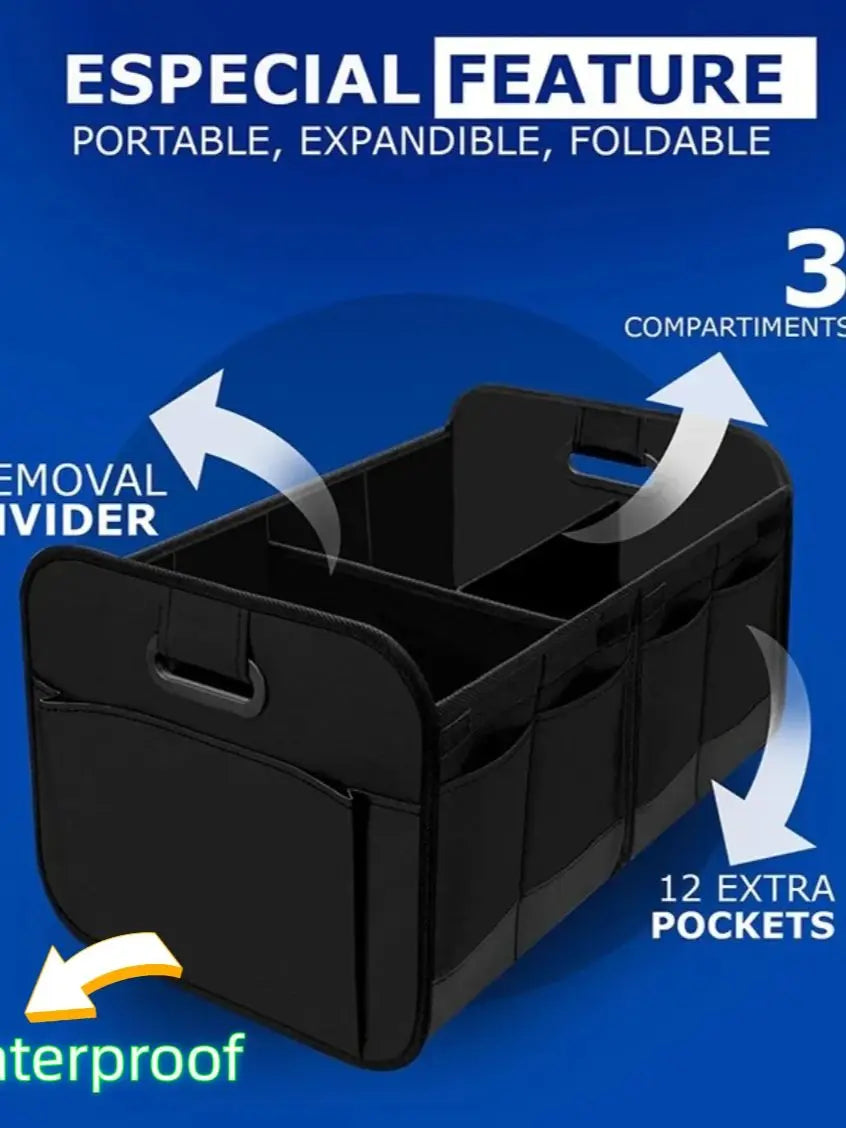 Car Storage Box to Organize Your Trunk & Say Goodbye to Mess with 3 compartments, 12 extra pockets, and waterproof features.