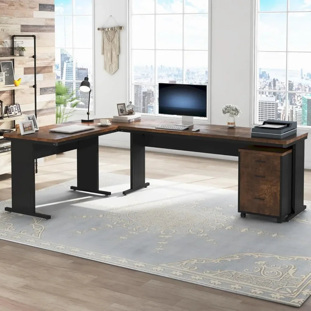 83" L-Shaped Executive Desk, Large Office Desk with 3-Drawer Mobile File Cabinet, Industrial Corner Computer Desk