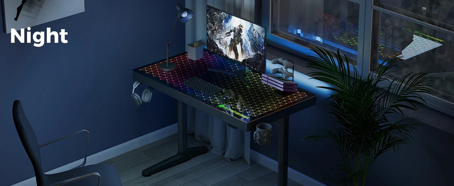 EUREKA ERGONOMIC RGB LED Gaming Desk, Music Sync Lights Up Tempered Glass Desktop, 43" GTG I43 Home Office Computer Table W Cont
