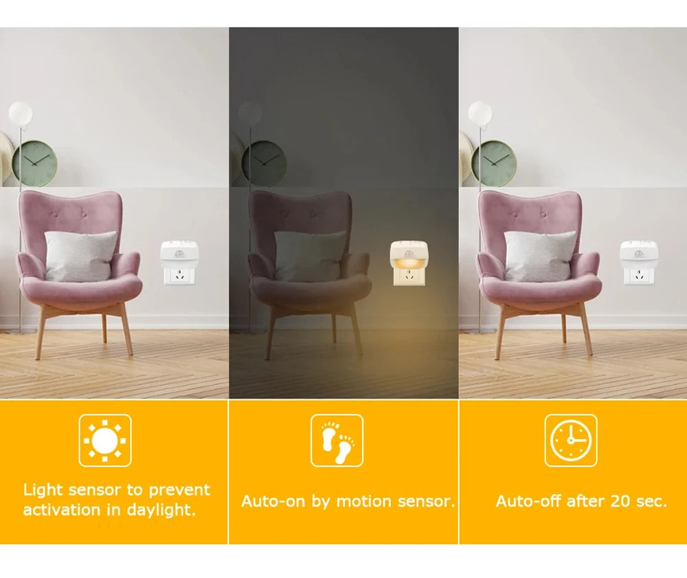 Plug-In Motion Sensor Night Light — Hallway, Stair & Bedroom Lamp
