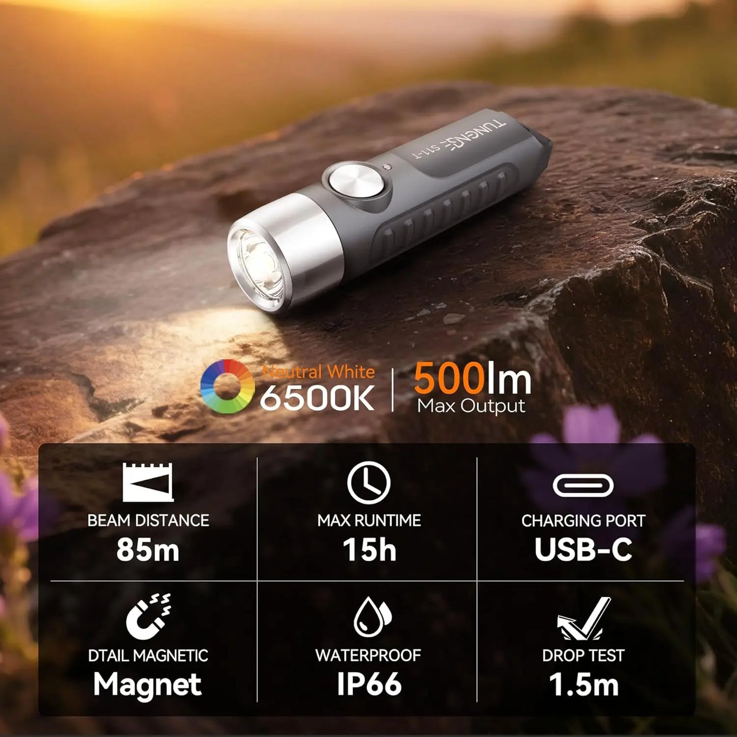 500-Lumen Keychain Flashlight with Magnet — USB-C Rechargeable EDC