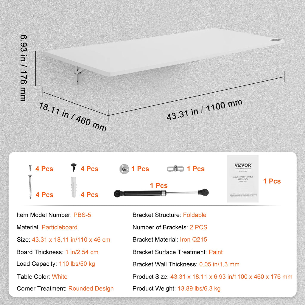 VEVOR Wall Mounted Folding Table Drop Leaf  Floating Desk with Iron Bracket Fold Down for Home Office Room Kitchen Space-Saving