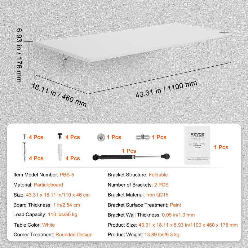 VEVOR Wall Mounted Folding Table Drop Leaf  Floating Desk with Iron Bracket Fold Down for Home Office Room Kitchen Space-Saving