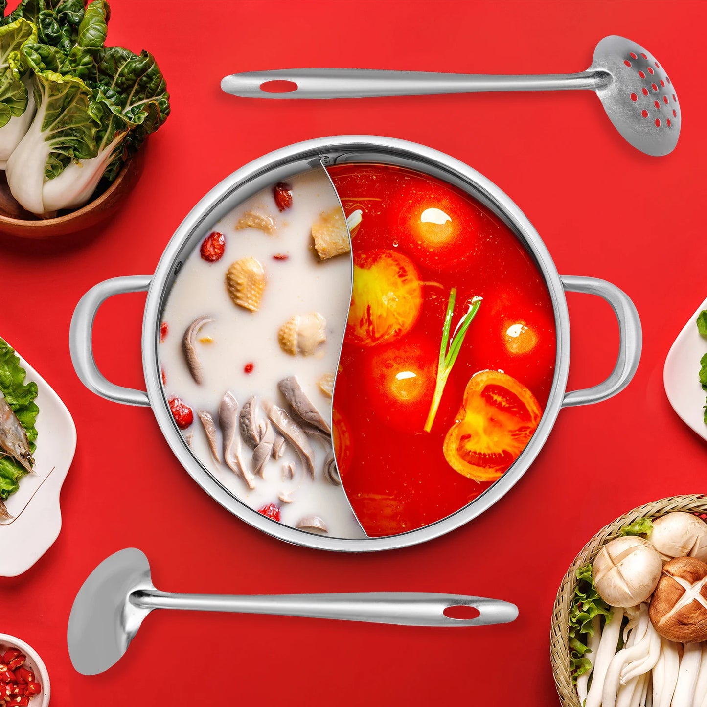 304 Stainless Steel Divided Hot Pot — 26cm, 2 Compartment with Lid