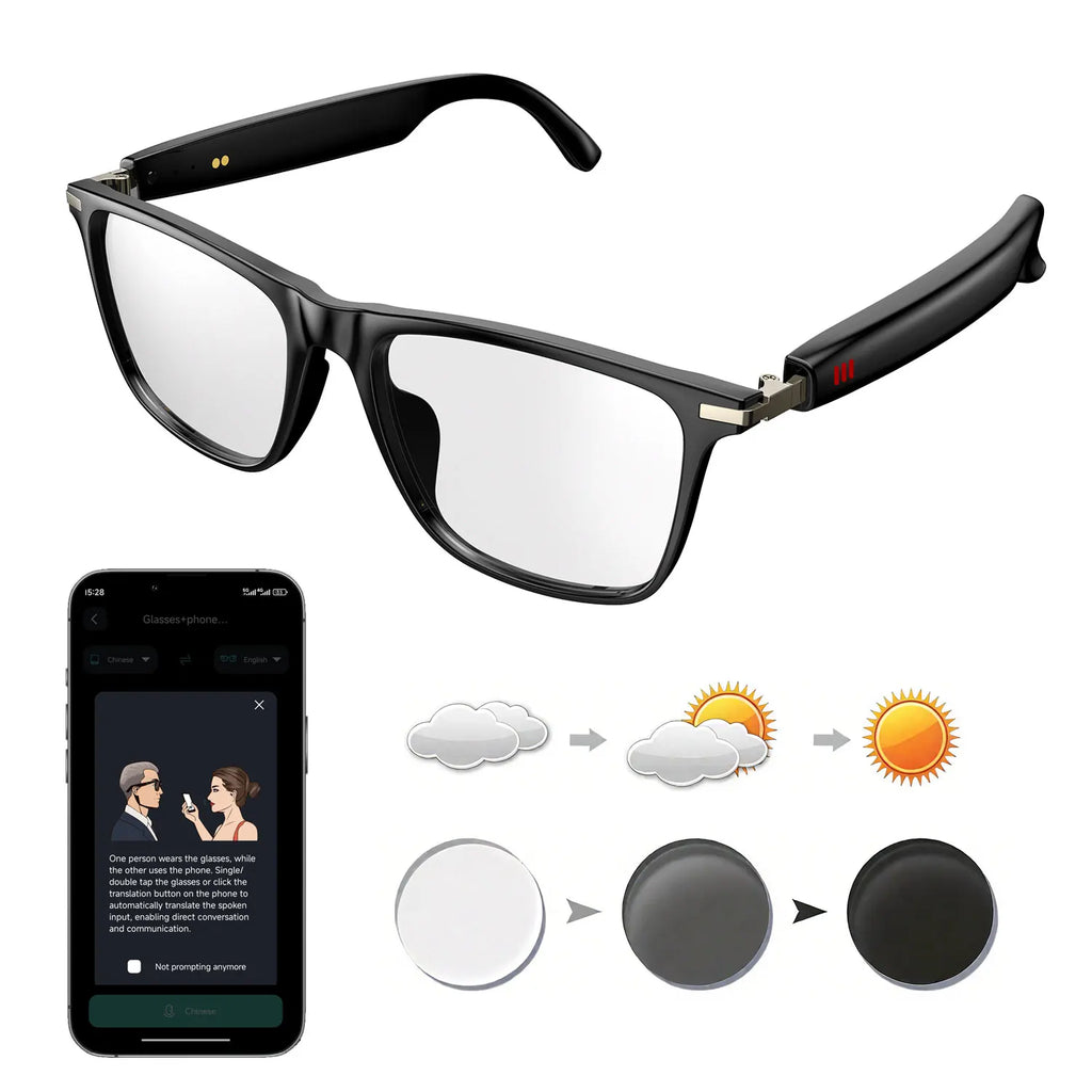 Smart glasses, app translation, color-changing lenses, high-definition voice calls, Hi-Fi music quality, open-ear audio glasses.