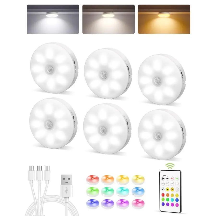 Under-Cabinet Motion Sensor Puck Lights — Rechargeable RGB (Pack of 6)