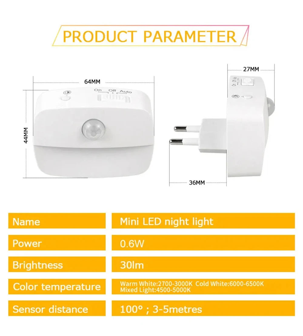 Plug-In Motion Sensor Night Light — Hallway, Stair & Bedroom Lamp