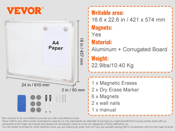 VEVOR Rolling Magnetic Whiteboard Double-Sided Mobile Whiteboard 360° Reversible Adjustable Height Dry Erase Board for School