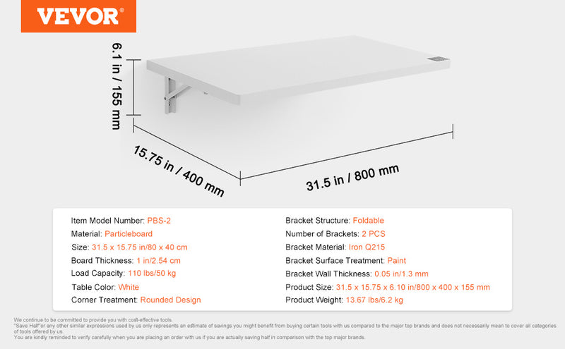 VEVOR Wall Mounted Folding Table Drop Leaf  Floating Desk with Iron Bracket Fold Down for Home Office Room Kitchen Space-Saving