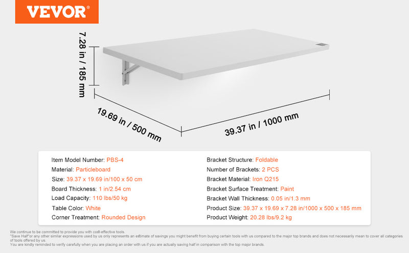 VEVOR Wall Mounted Folding Table Drop Leaf  Floating Desk with Iron Bracket Fold Down for Home Office Room Kitchen Space-Saving