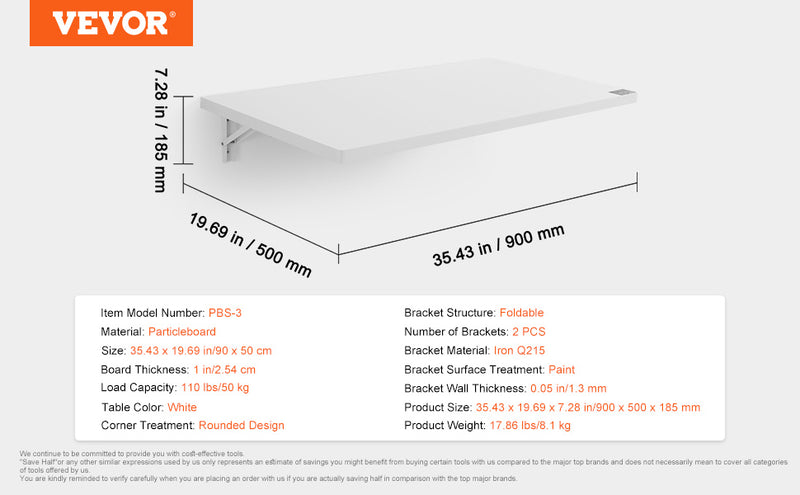 VEVOR Wall Mounted Folding Table Drop Leaf  Floating Desk with Iron Bracket Fold Down for Home Office Room Kitchen Space-Saving