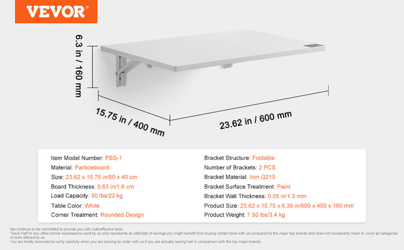 VEVOR Wall Mounted Folding Table Drop Leaf  Floating Desk with Iron Bracket Fold Down for Home Office Room Kitchen Space-Saving