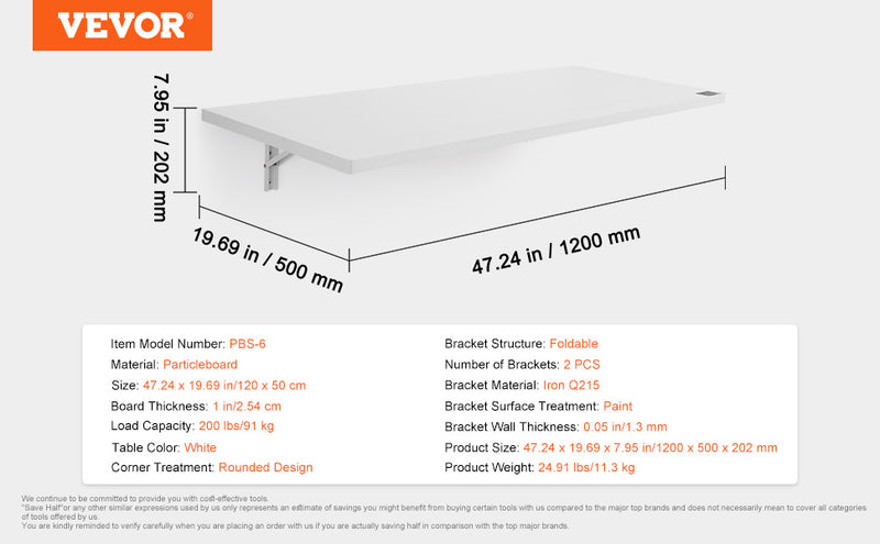 VEVOR Wall Mounted Folding Table Drop Leaf  Floating Desk with Iron Bracket Fold Down for Home Office Room Kitchen Space-Saving