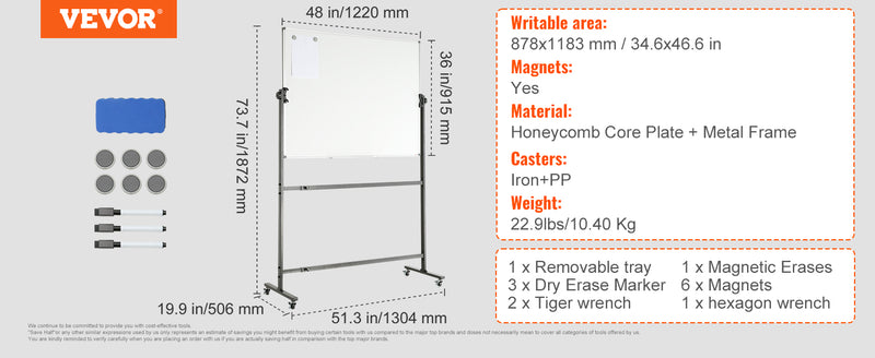 VEVOR Rolling Magnetic Whiteboard Double-Sided Mobile Whiteboard 360° Reversible Adjustable Height Dry Erase Board for School