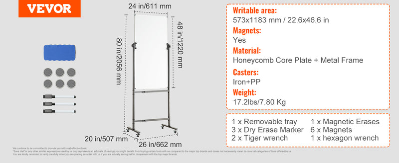 VEVOR Rolling Magnetic Whiteboard Double-Sided Mobile Whiteboard 360° Reversible Adjustable Height Dry Erase Board for School