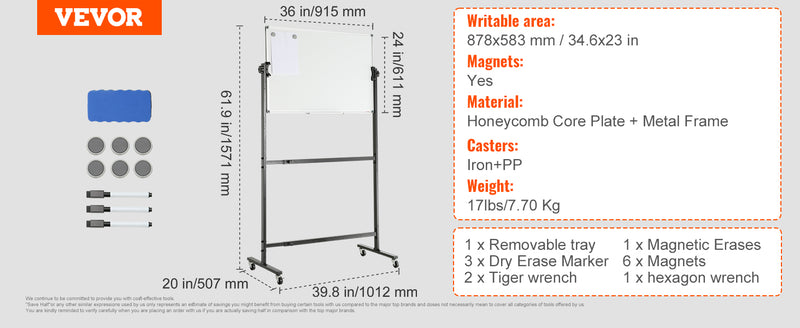 VEVOR Rolling Magnetic Whiteboard Double-Sided Mobile Whiteboard 360° Reversible Adjustable Height Dry Erase Board for School