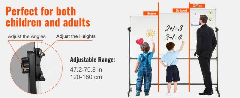 VEVOR Rolling Magnetic Whiteboard Double-Sided Mobile Whiteboard 360° Reversible Adjustable Height Dry Erase Board for School